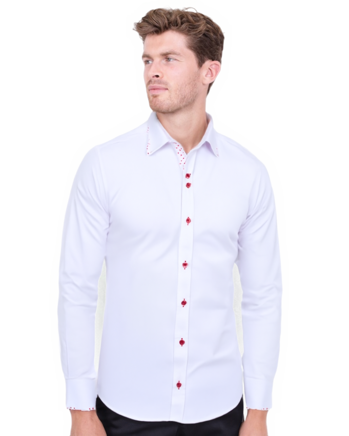 White Plain Panel Shirt with Red Dot Print Collar & Cuffs