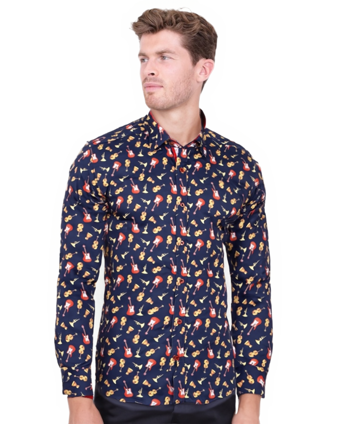 Dark Blue Orchestra Instrument Print Shirt with Matching Handkerchief
