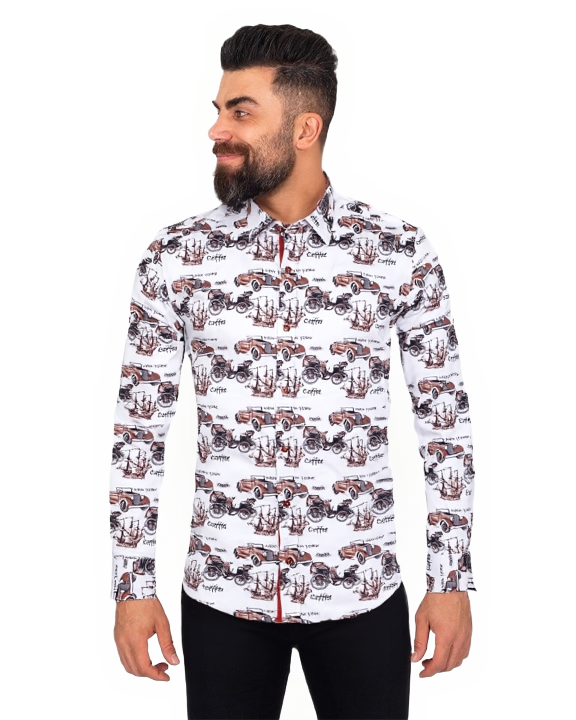 White Vintage Cars Print with Matching Handkerchief