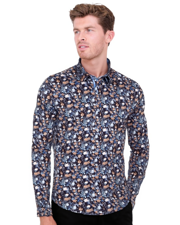 Blue Rose Print Men's Shirt with Matching Handkerchief