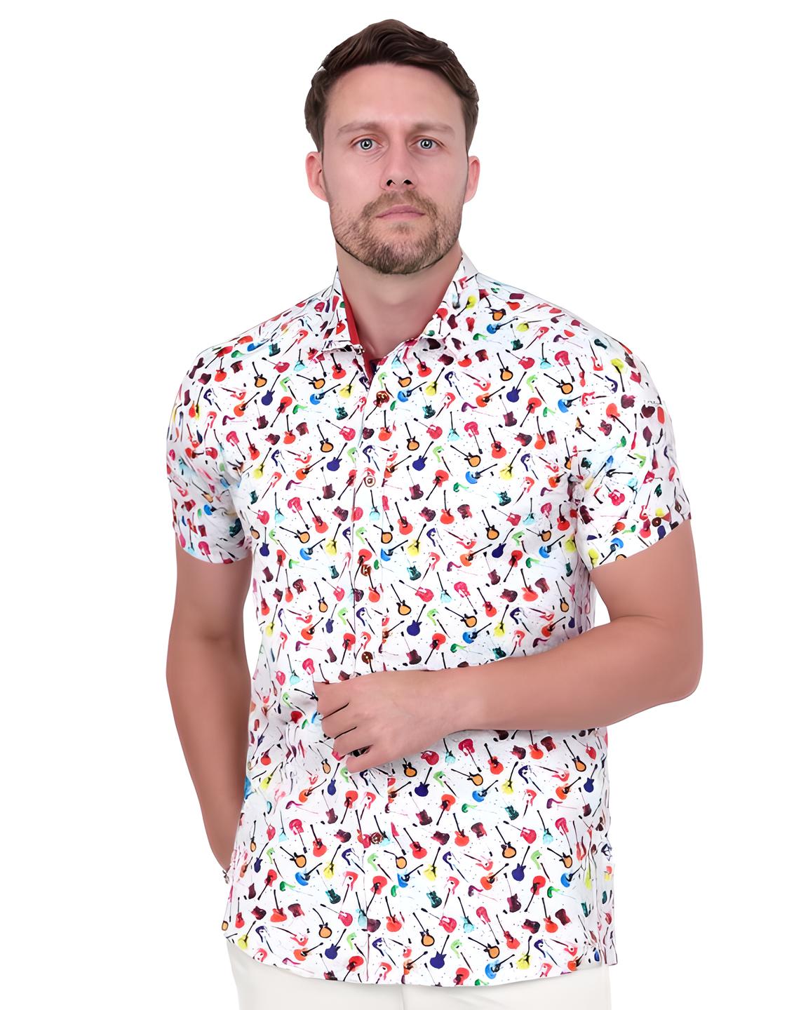 White Colourful Guitar Print Short Sleeve Shirt