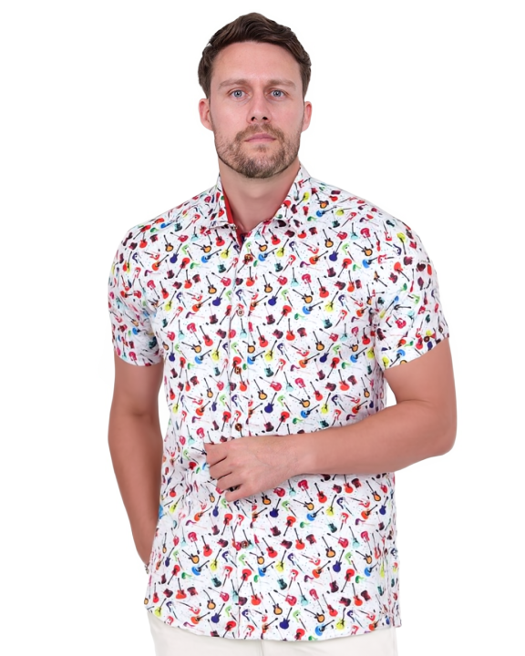 White Colourful Guitar Print Short Sleeve Shirt