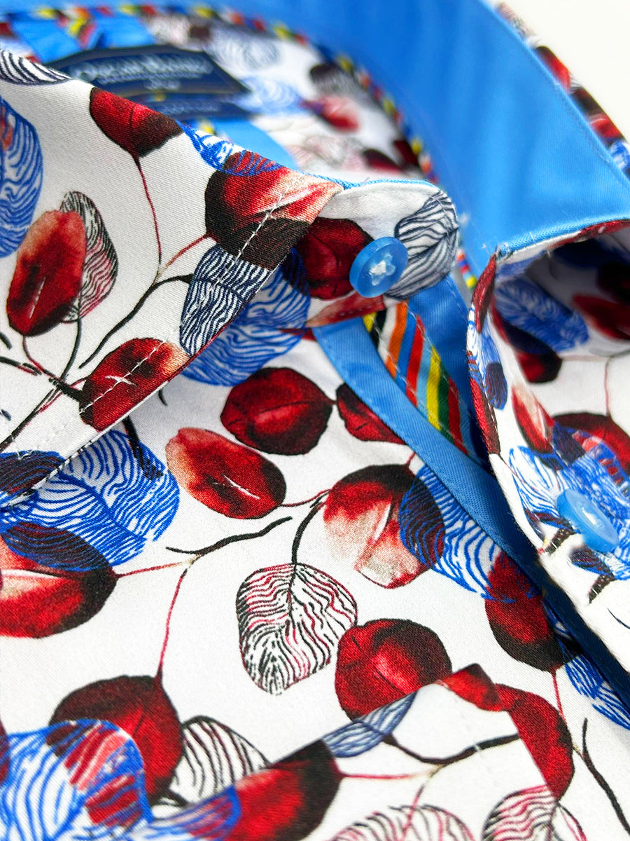 White Blue Leaf Print Shirt with Matching Handkerchief