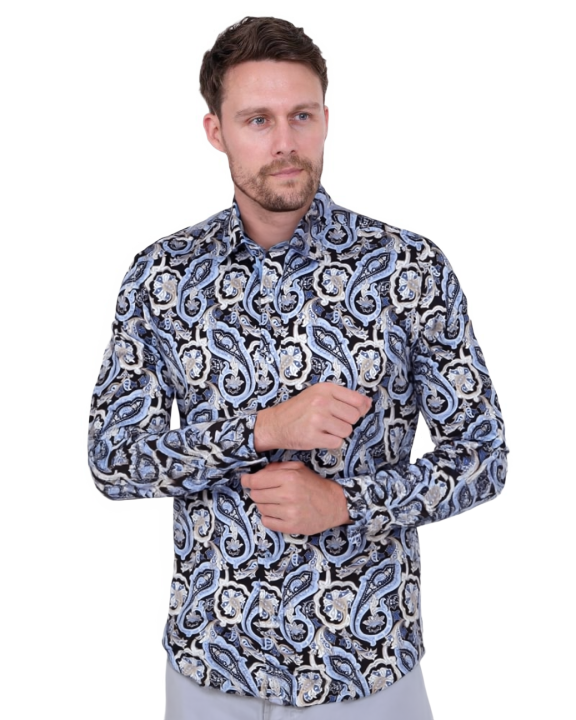 Black & Blue Paisley Print Men's Shirt with Matching Handkerchief