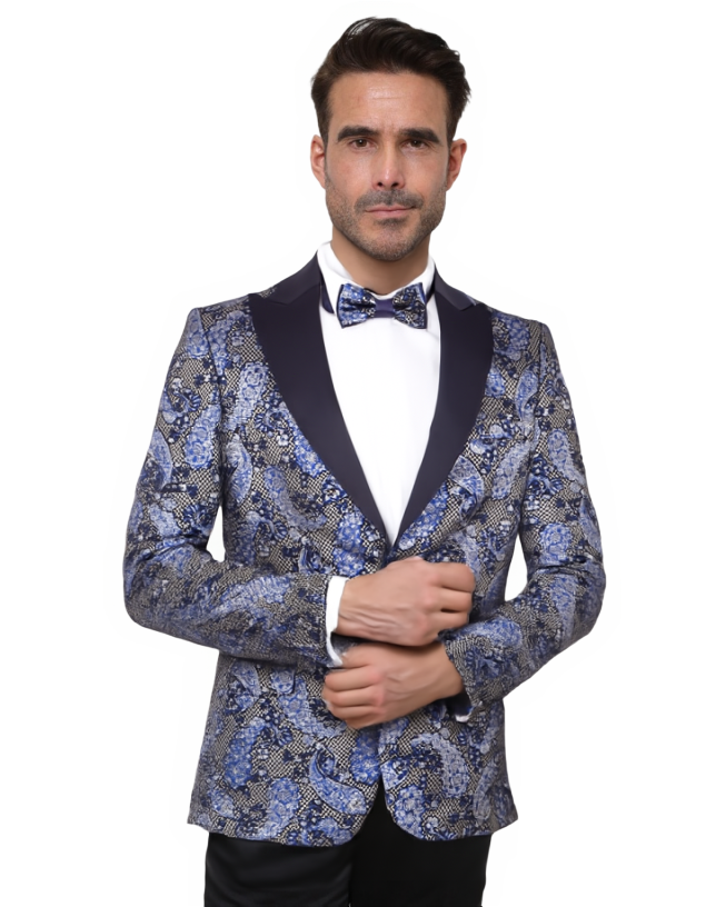 Dark Blue Paisley Flock Design Fashion Blazer & Matching Bow Tie
