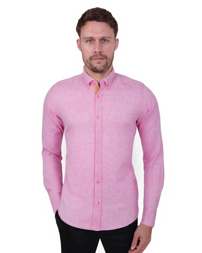 Pink Linen Long Sleeve Shirt with Matching Handkechief