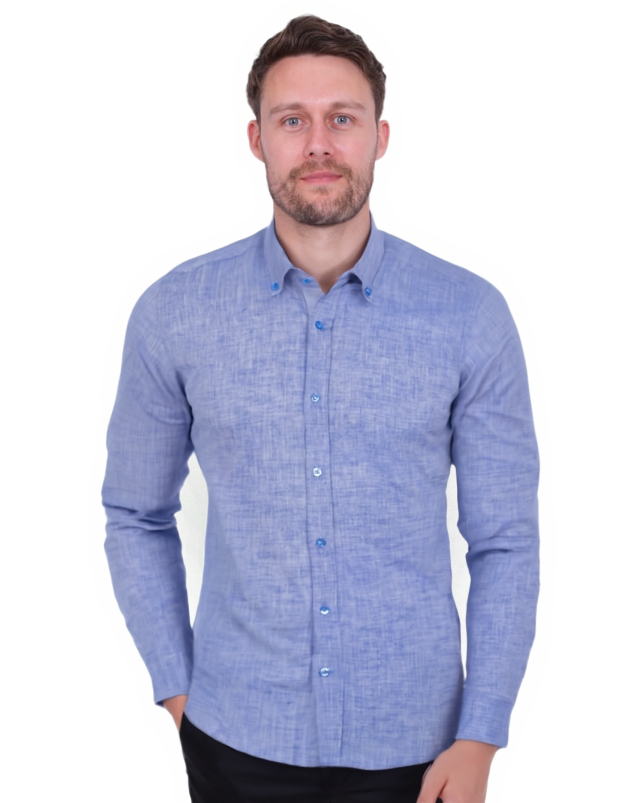 Blue Linen Long Sleeve Shirt with Matching Handkechief
