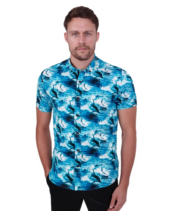 Dolphin Sea Wave Print Short Sleeve Shirt
