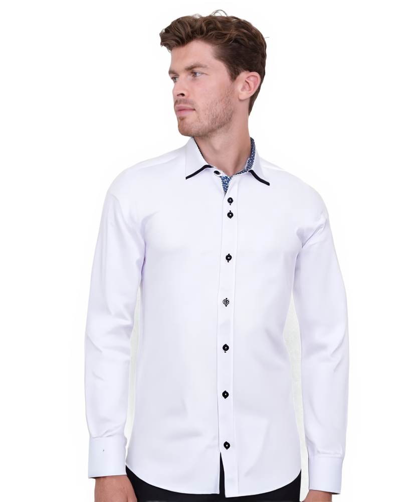 White Plain Panel Shirt with Floral Insert & Collar Tip Design