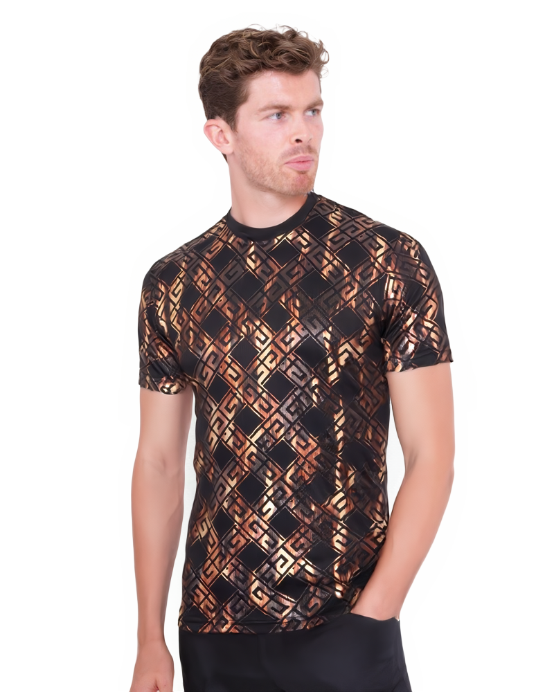 Gold Greca Square Print Body Fit T-Shirt