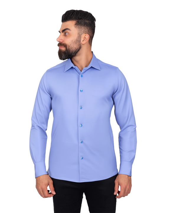 Blue Cotton Plain Stretch Shirt
