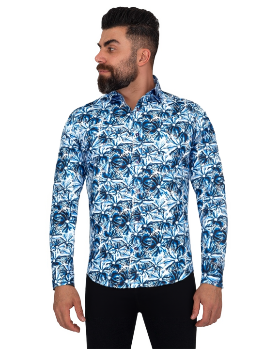 Blossoming Neon Blue Print Cotton Shirts For Men