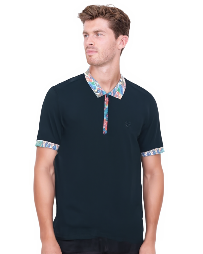 Dark Blue Polo T-Shirt With Paisley Collar