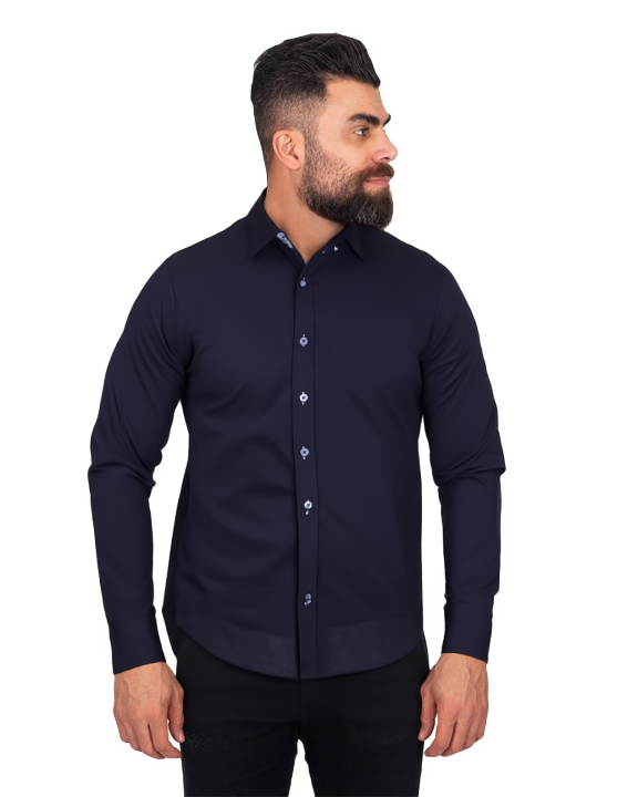 Dark Blue Plain Small Collar Shirt With Floral Insert