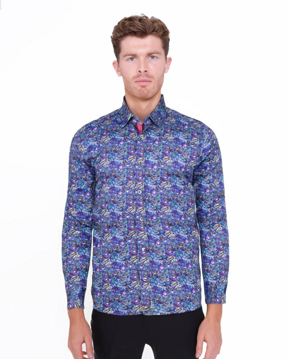 Dark Blue Paisley Print Men's Shirt with Matching Handkerchief