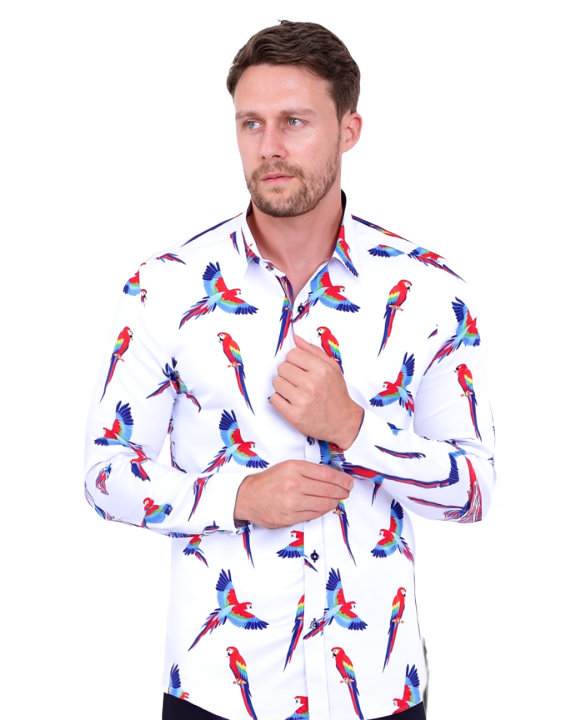 White Parrot Print Men's Shirt