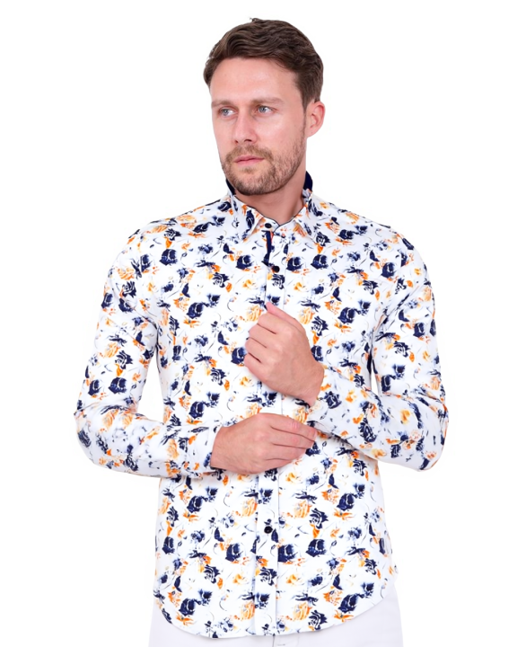 White Poppies Print Shirt with Matching Handkerchief
