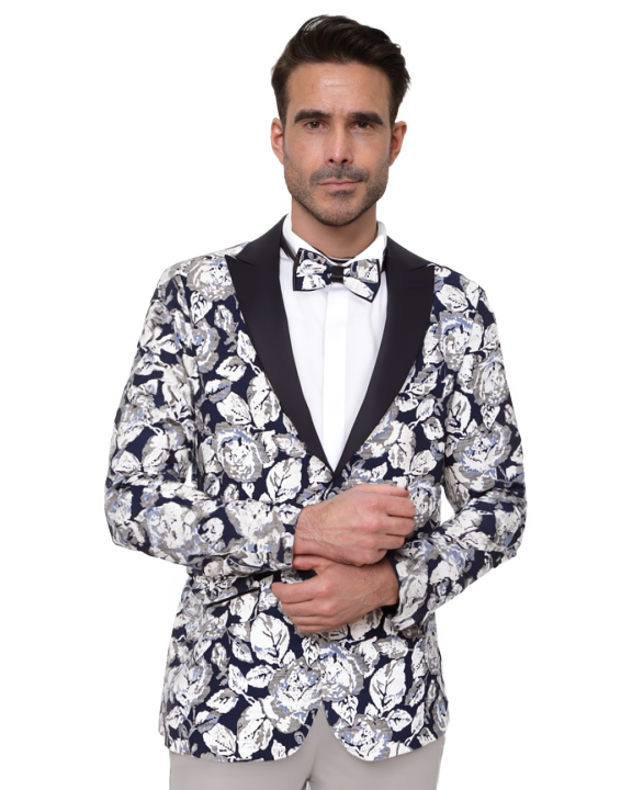 Cream Vintage Rose Men's Blazer with Contrasting Lapel
