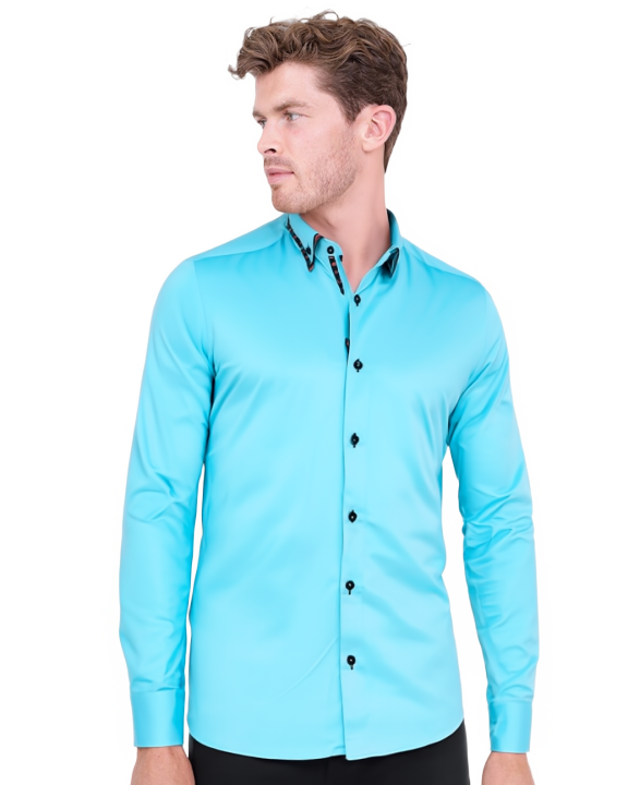 Turquoise Plain Button Down Double Collar Shirt