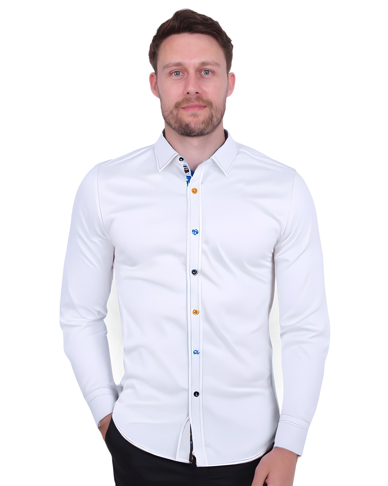 White Plain Panel Colourful Print Collar Tip Shirt
