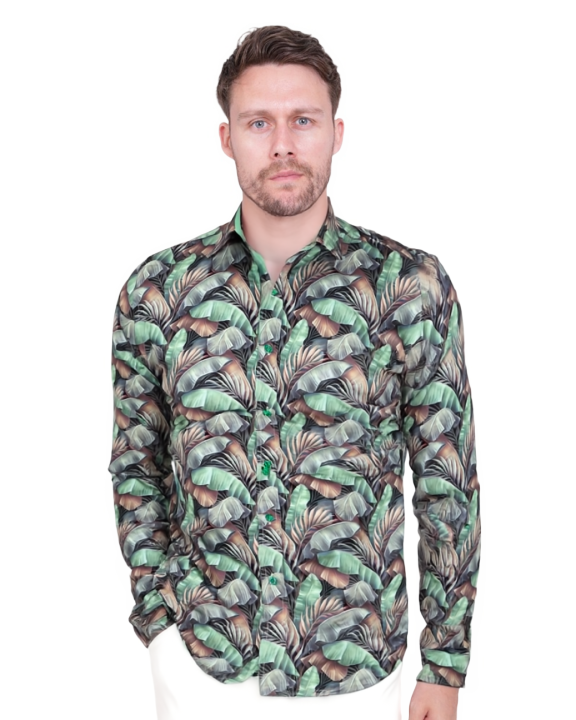 Green Tropical Leaf Print Shirt