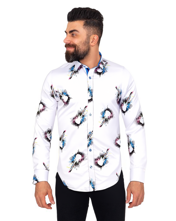White Guitar Splash Print Men's Shirt