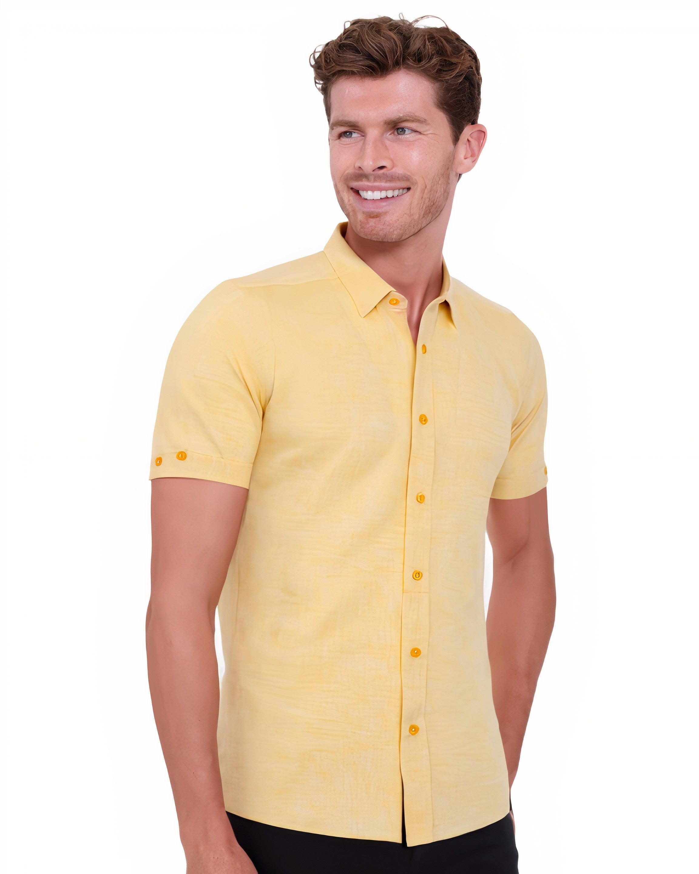Yellow Linen Plain Short Sleeve Shirt