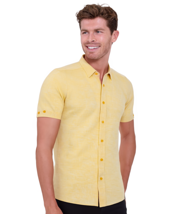 Yellow Linen Plain Short Sleeve Shirt