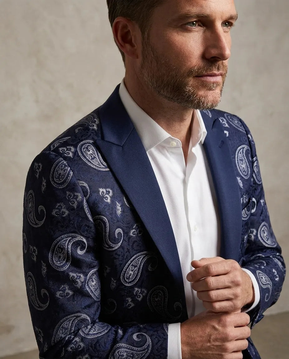 Dark Blue Paisley Printed Men's Blazer