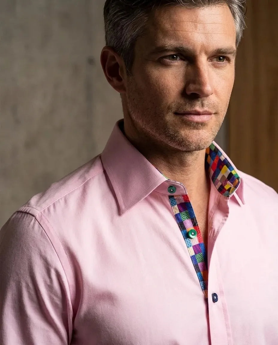 Pink Dress Shirt with Colourful Inner Collar and Cuff Detail
