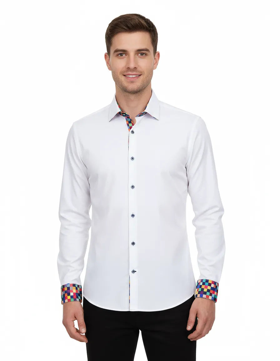 White Fashion Shirt with Multicolor Collar Tip Design
