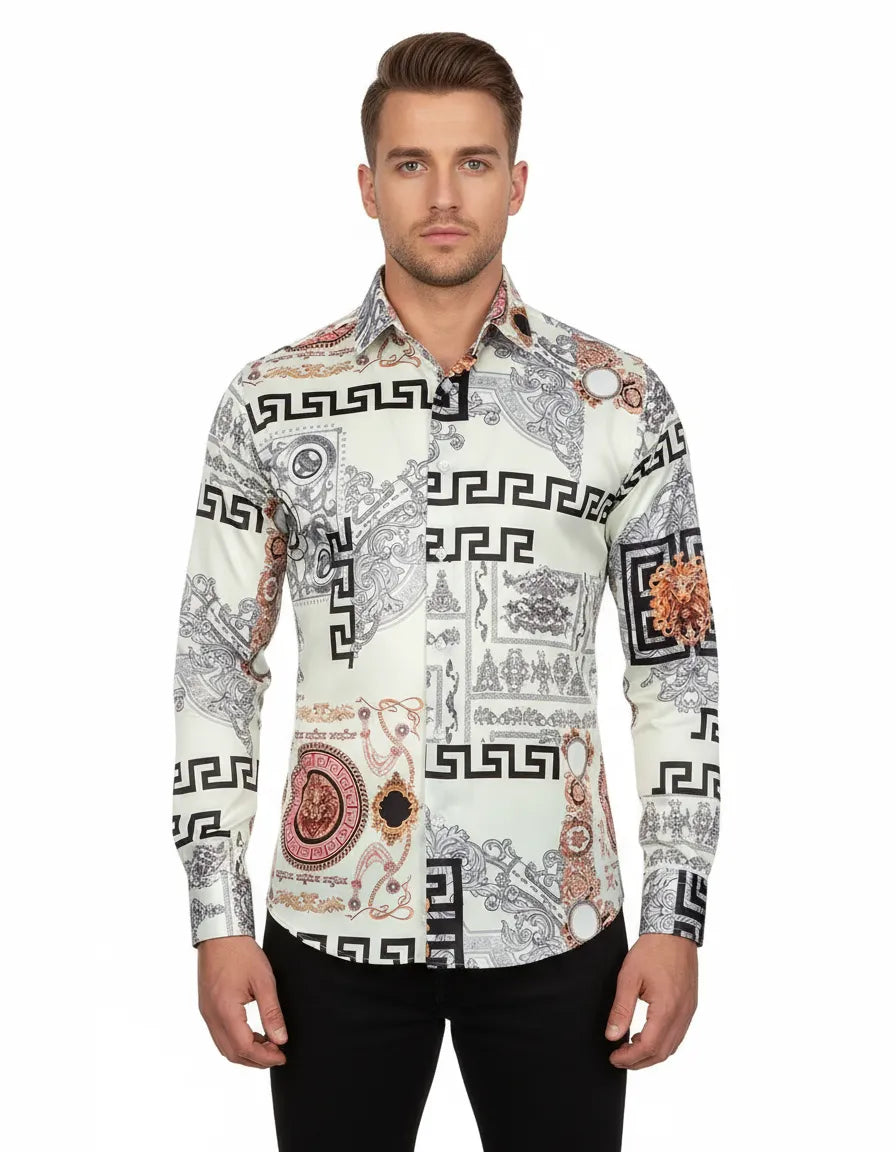 Oscar Banks Premium Cream Satin Baroque Print Dress Shirt
