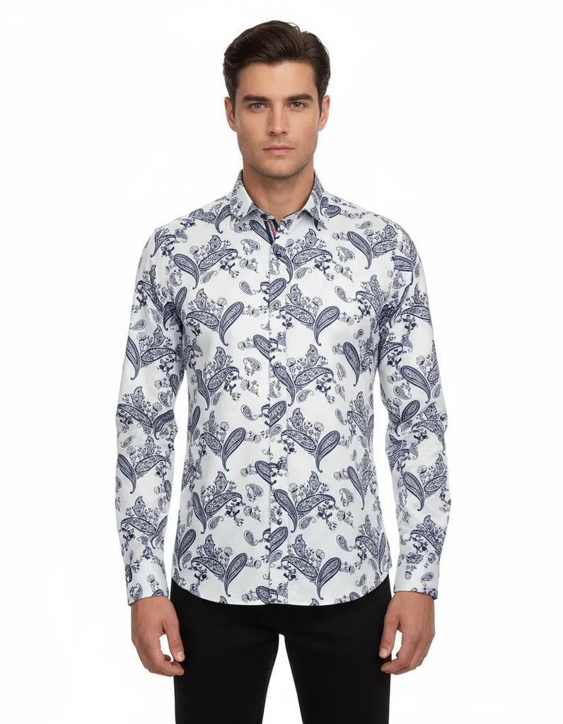 Dark Blue Paisley Print Long Sleeve Shirt