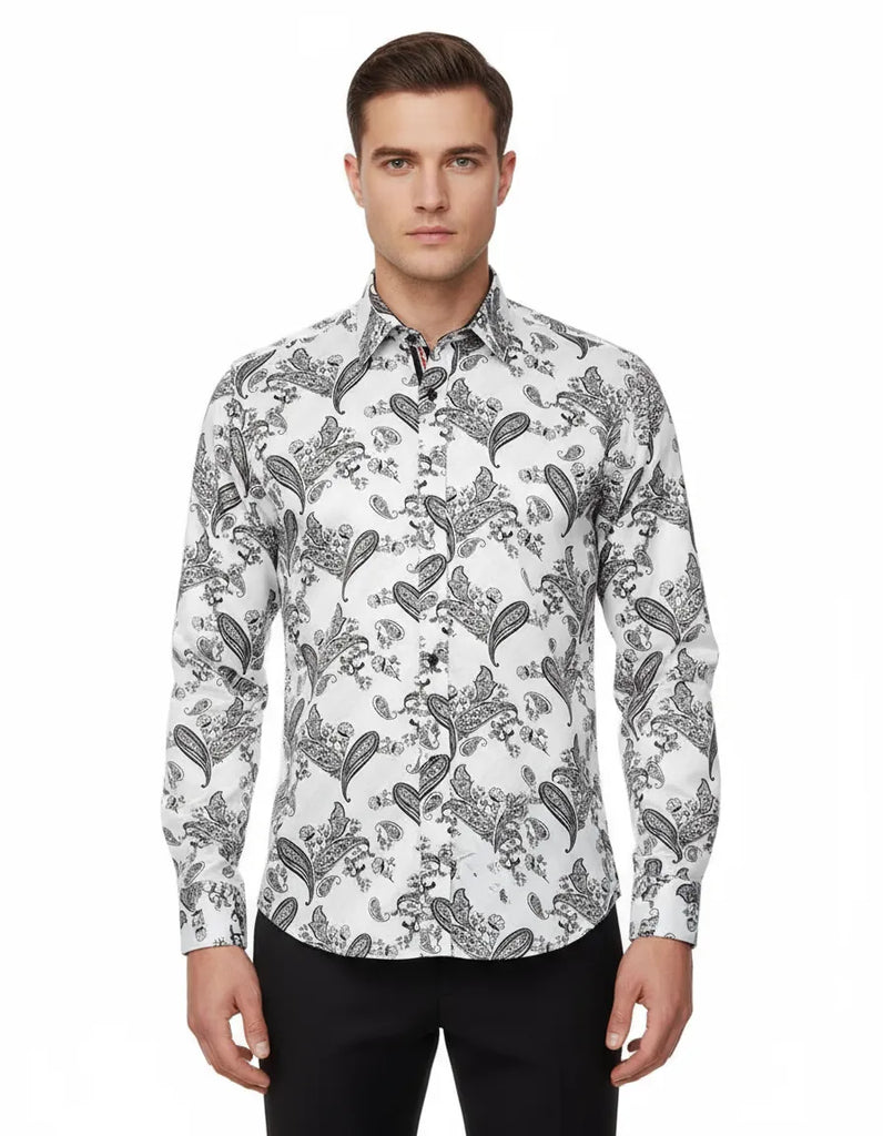 White Paisley Print Long Sleeve Shirt