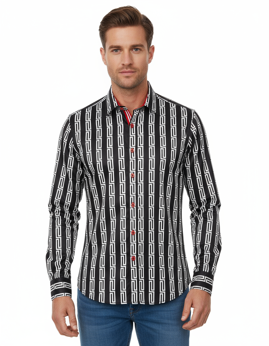 Black Baroque Print Men`s Satin Shirt