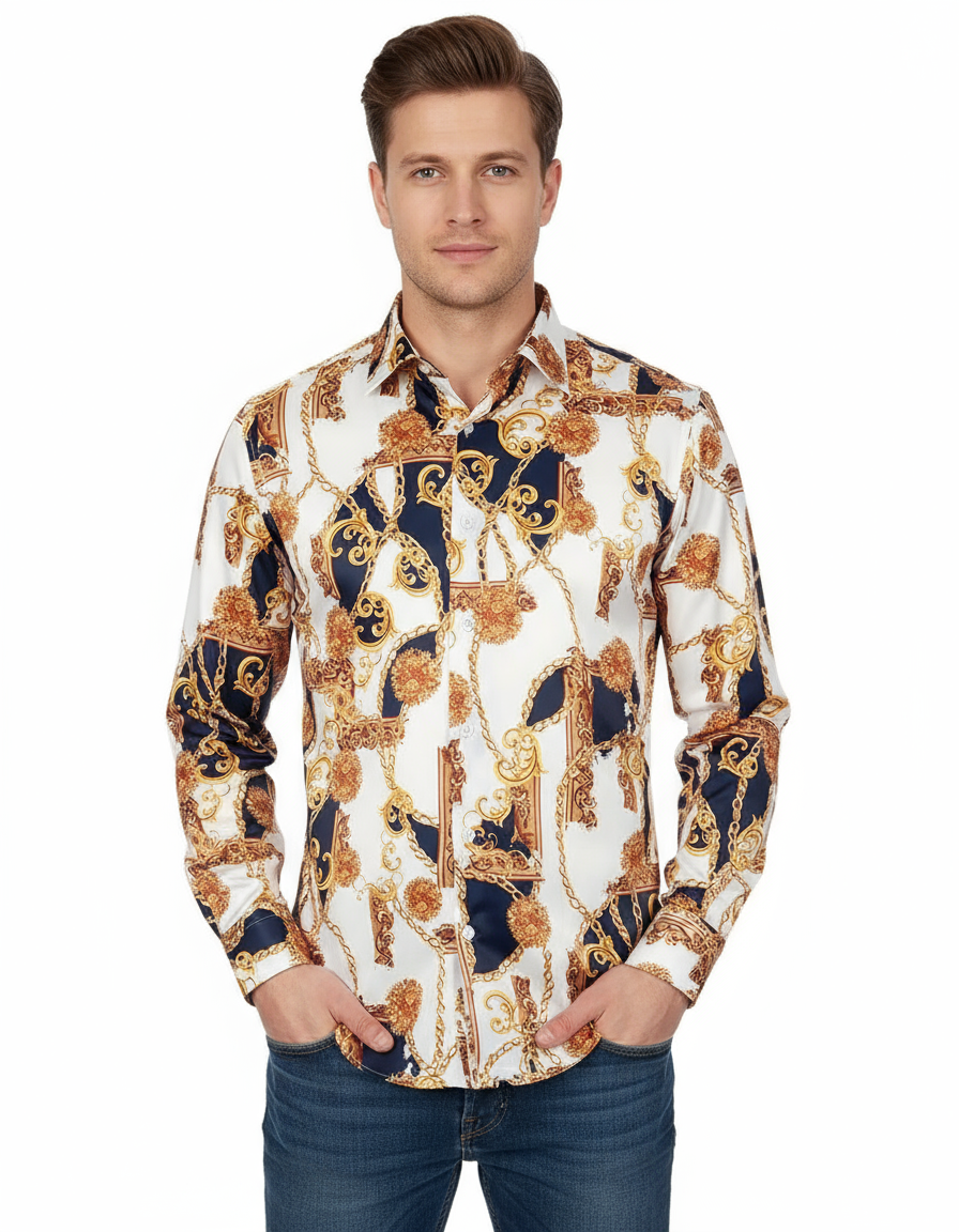 Oscar Banks Premium Satin Chain & Floral Print Dress Shirt