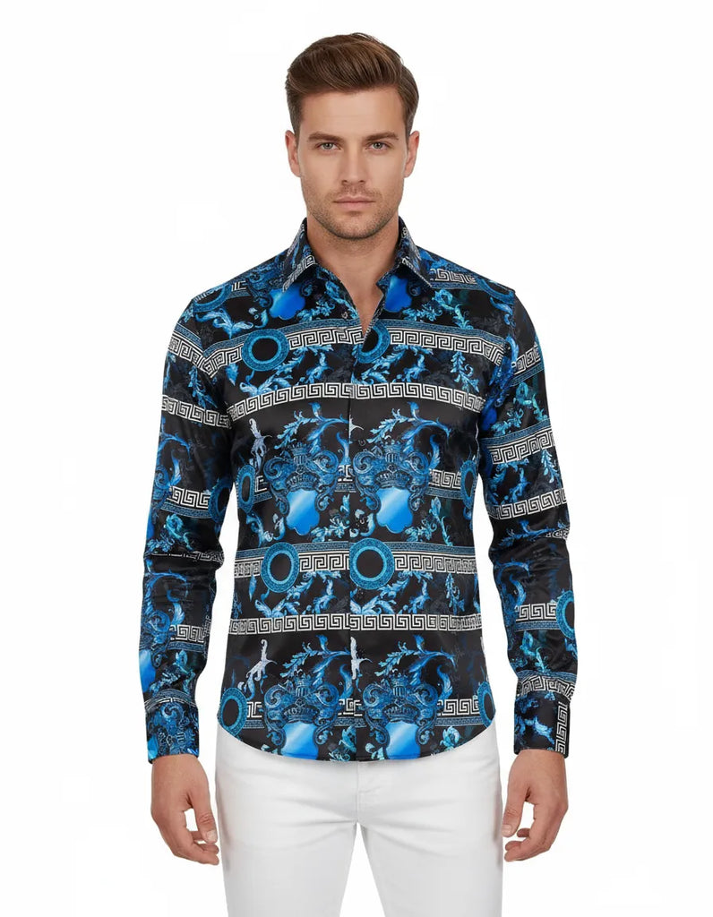 Blue Baroque Roman Ornament Paisley Print Men`s Shirt