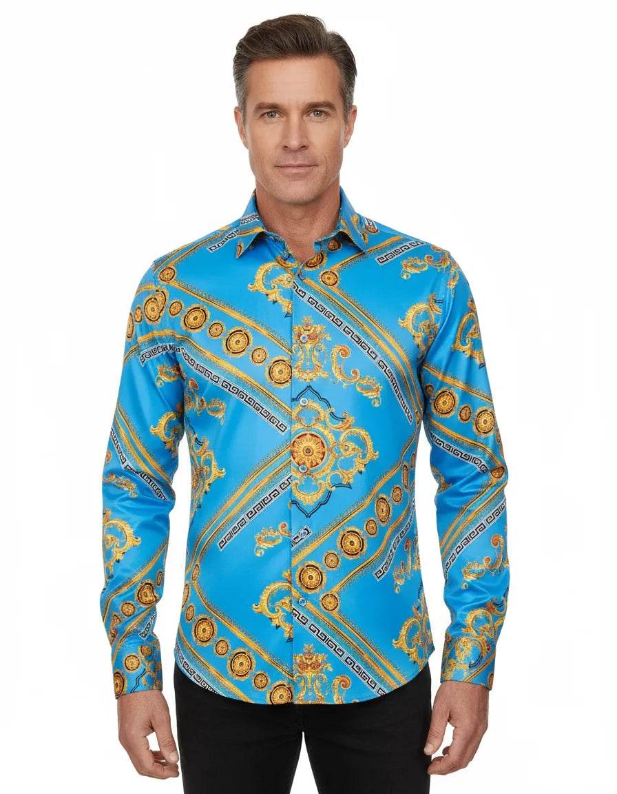 Light Blue Baroque Chain & Paisley Print Men`s Shirt