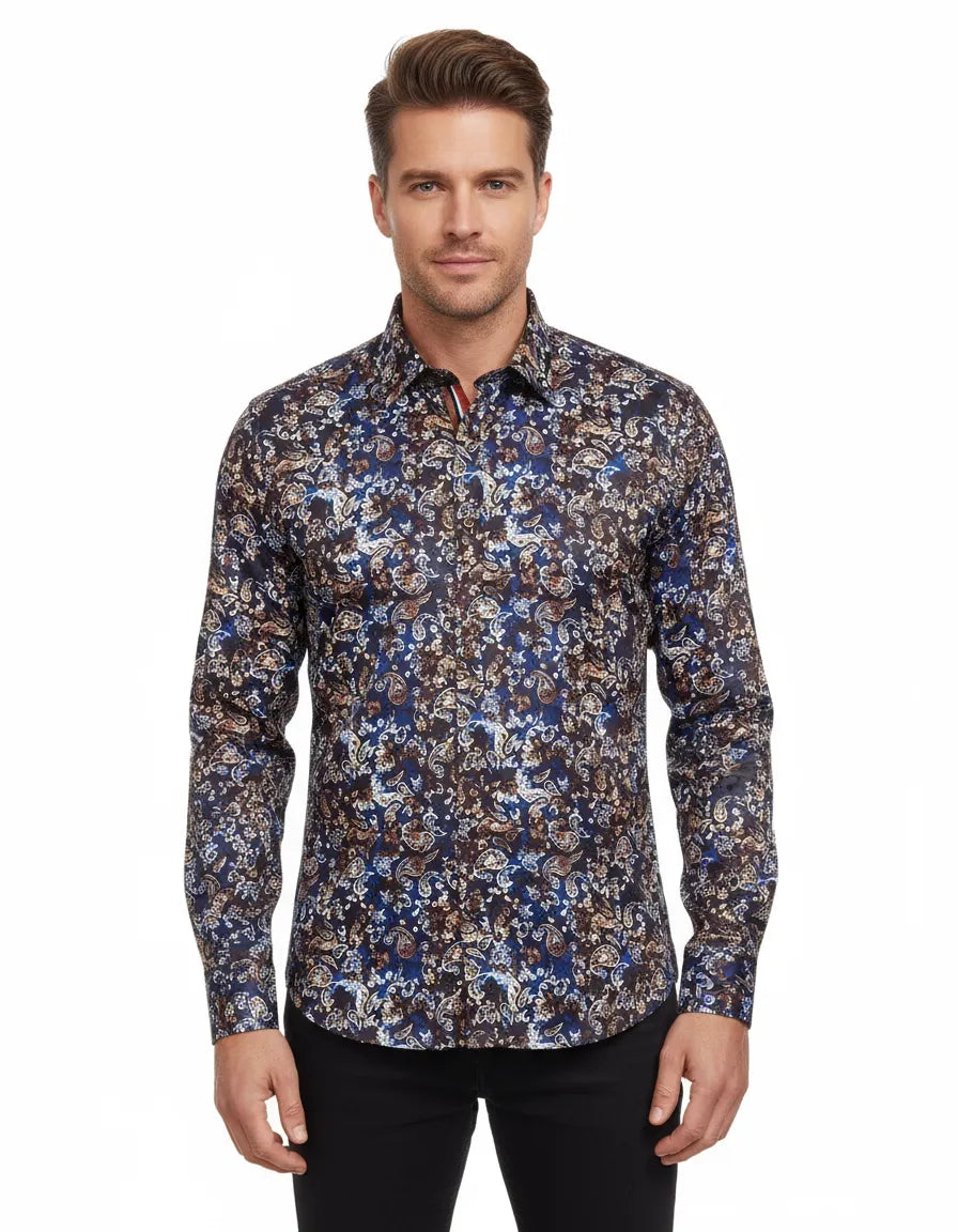 Brown Paisley Print Long Sleeve Men`s Shirt