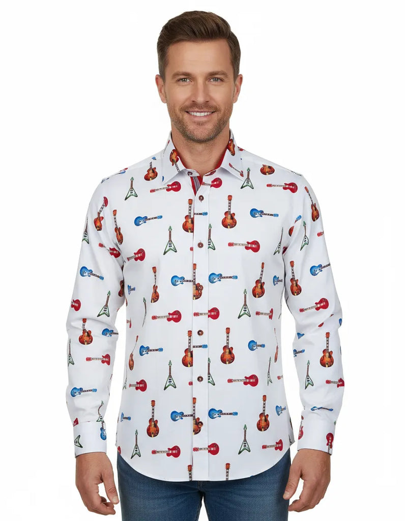 White Guitar Print Shirt with Matching Handkerchief