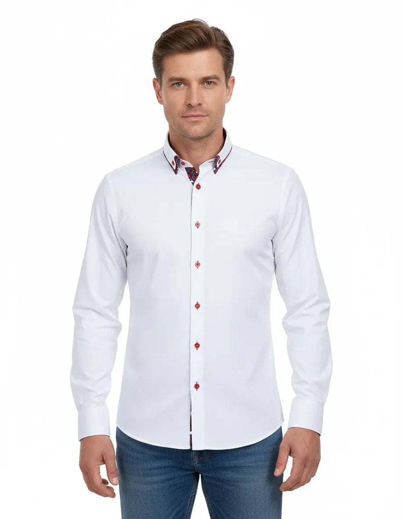 White Plain Double Collar Shirt with Playing Card Design Trim