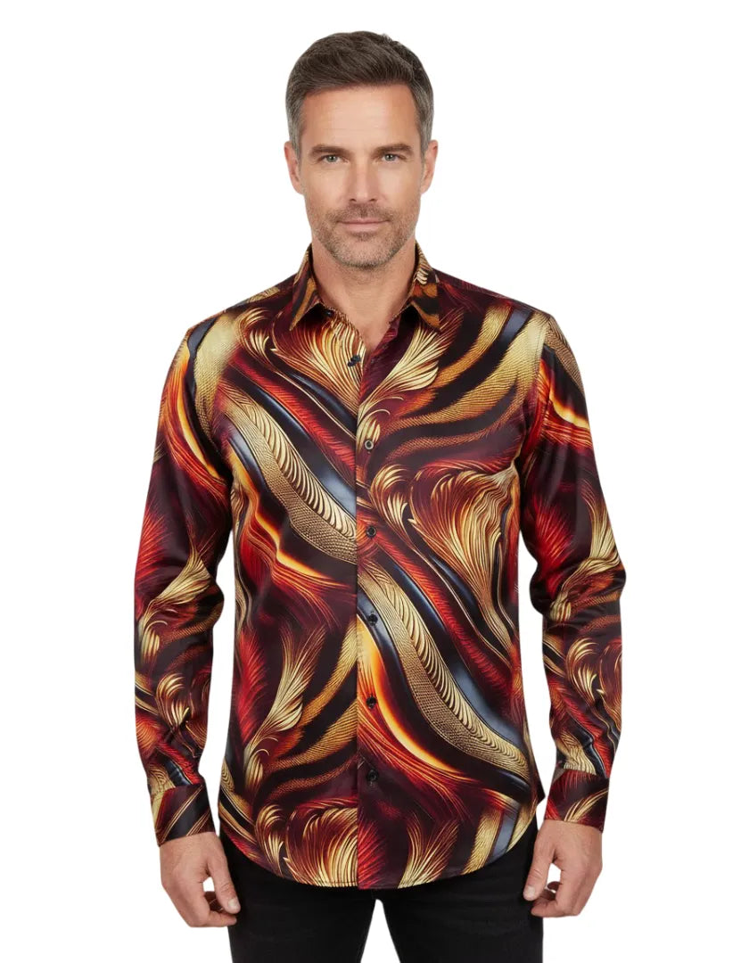 Oscar Banks Premium Satin Abstract Flame Pattern Print Shirt
