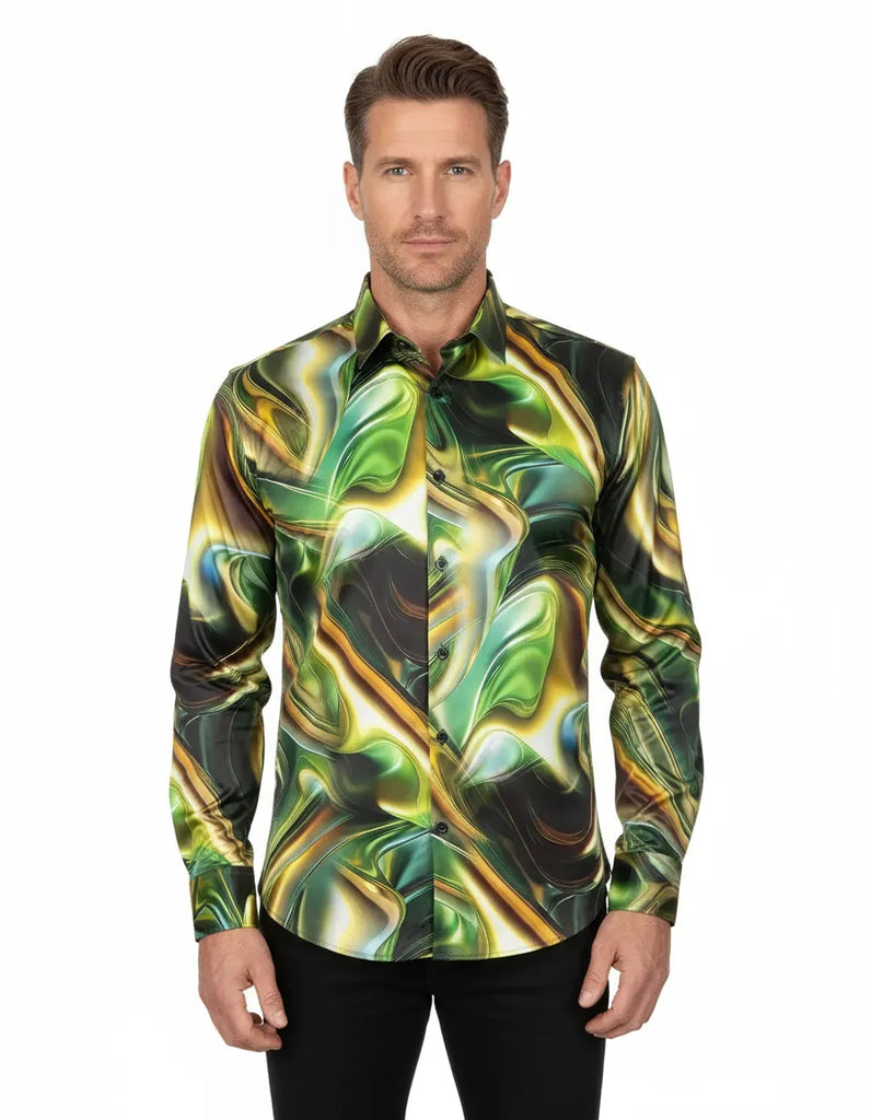 Oscar Banks Premium Satin Green Marble Print Shirt