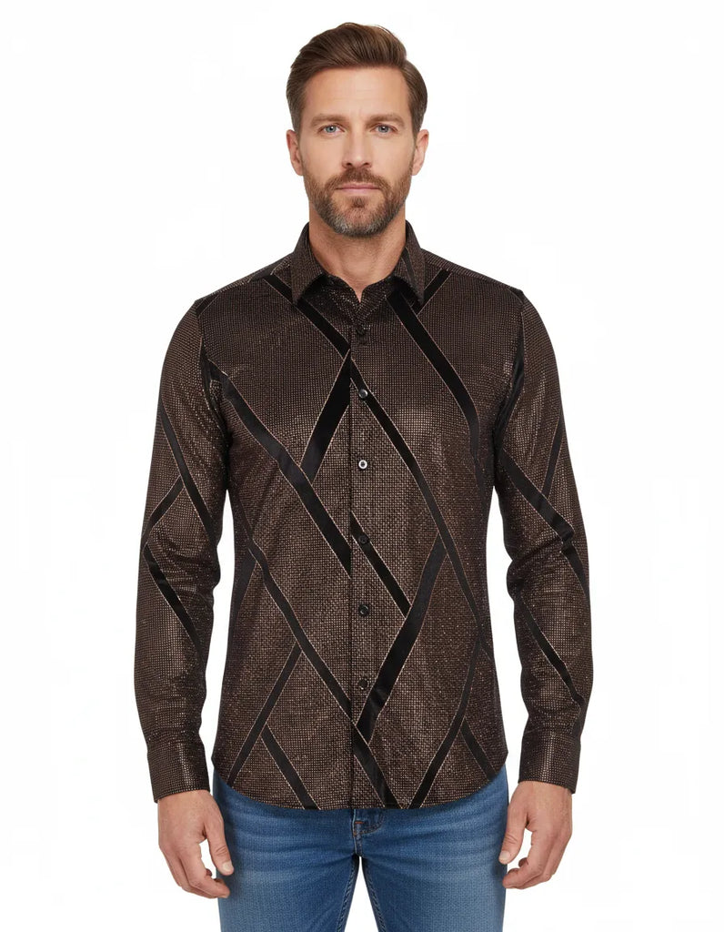 Oscar Banks Premium Shiny Black and Bronze Geometric Pattern Shirt
