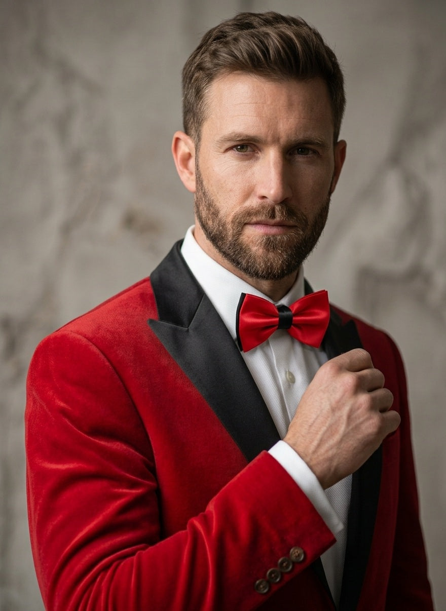 A man wearing a red velvet tuxedo jacket with black satin lapels, a white dress shirt, and a red bow tie, posing against a textured gray background.