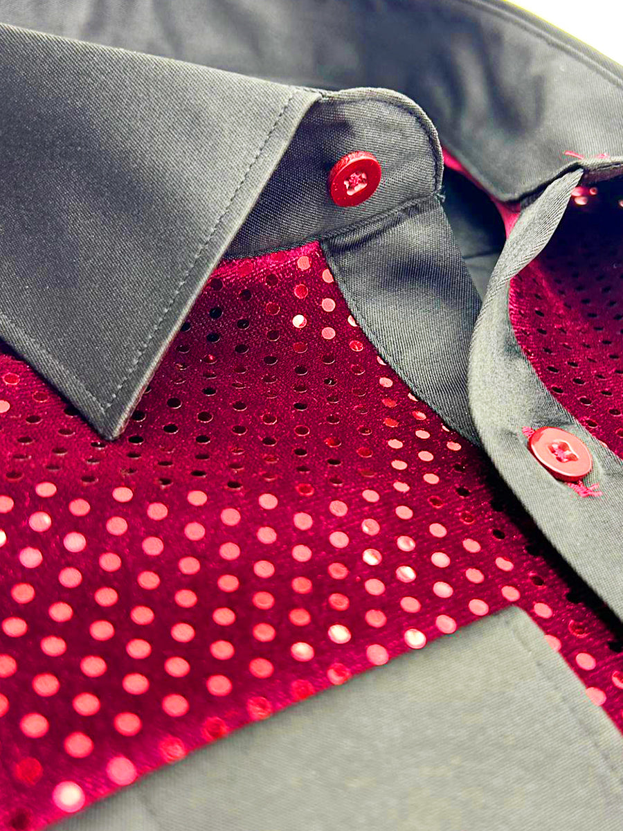 Burgundy Sequin Fashion Shirt with Plain Collar Tip Design