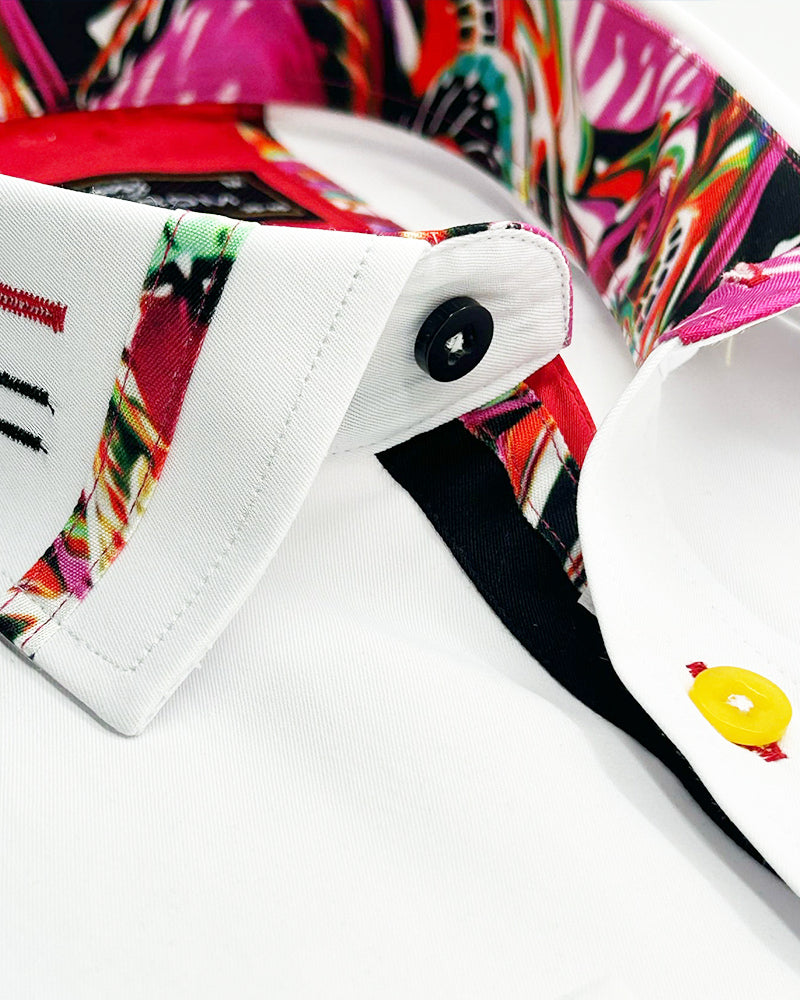 White Fashion Shirt with Colourful Collar Tip Design