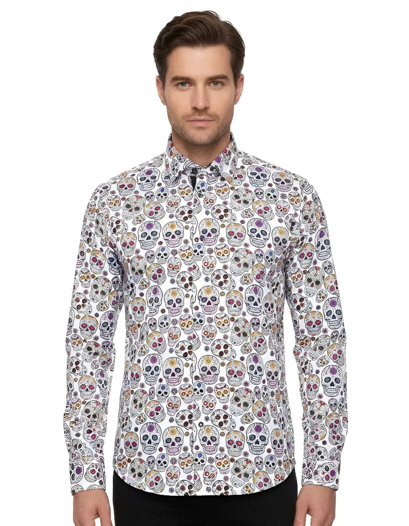 White Day of The Dead Skull Print Shirt with Matching Handkerchief