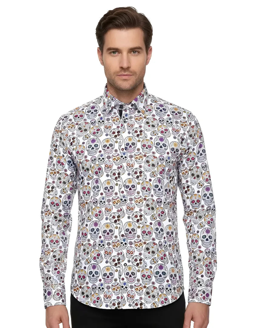 White Day of The Dead Skull Print Shirt with Matching Handkerchief