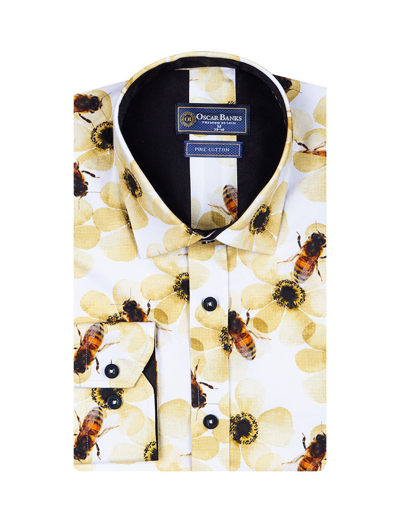 Cream Pure Cotton Honey Bee Print Men's Shirt